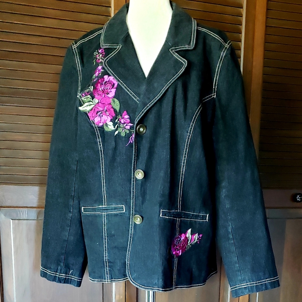 DENIM&CO - Floral Embroidered Black Denim Mid Length Jacket - Size XL